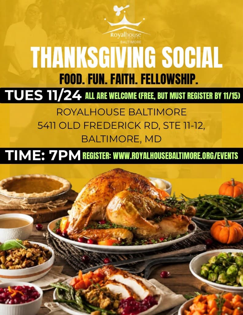Thanksgiving Social flyer with event details and a Thanksgiving dinner table